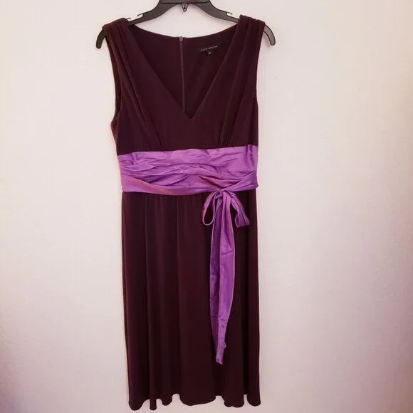 david meister purple dress David Meister Purple Satin Trimmed Sash Cocktail Dress Size 8 EUC